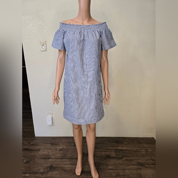 J Crew Size 10 Chambray Blue/White Stripe Dress w/Elastic Neckline Off Shoulder - Picture 2 of 12